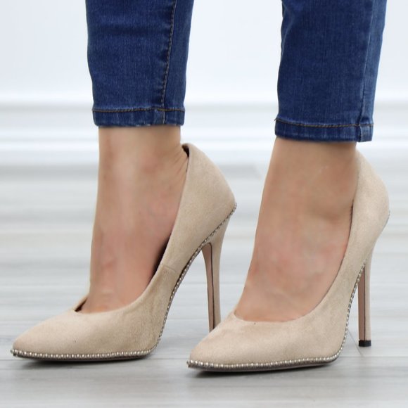 Nude Suede High Heel Pumps With Studs - Picture 7 of 11